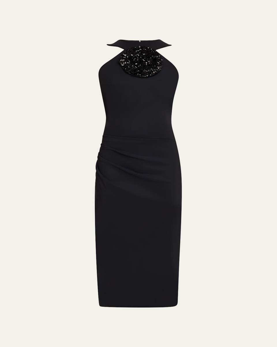 Bodycon Flower-Embellished Halter Midi Dress